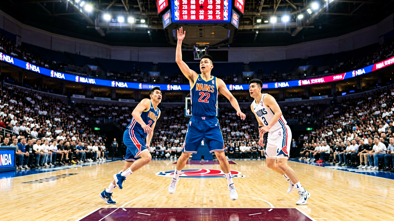 篮球场馆内正在进行NBA比赛的实时场景